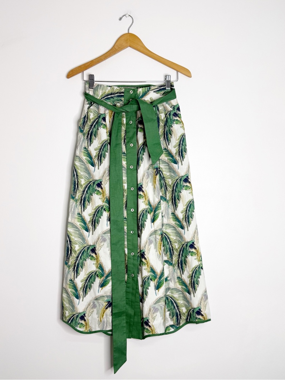 Beau & Ro x Markey Tropical Palm Print Midi Skirt Size Small Belted Cotton